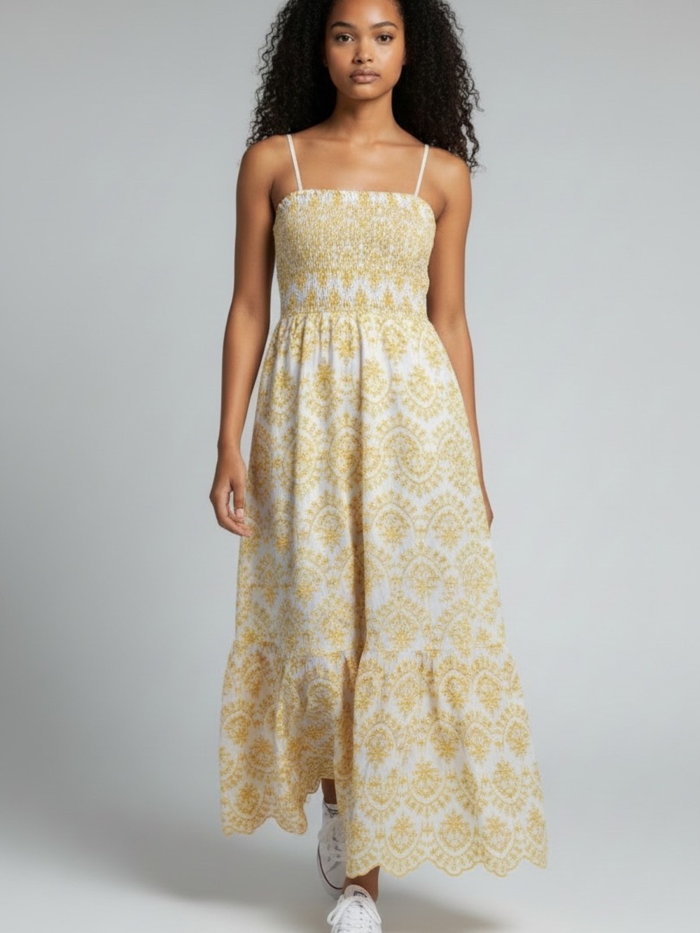 Simplee Apparel Embroidered Yellow & White Smocked Halter Maxi